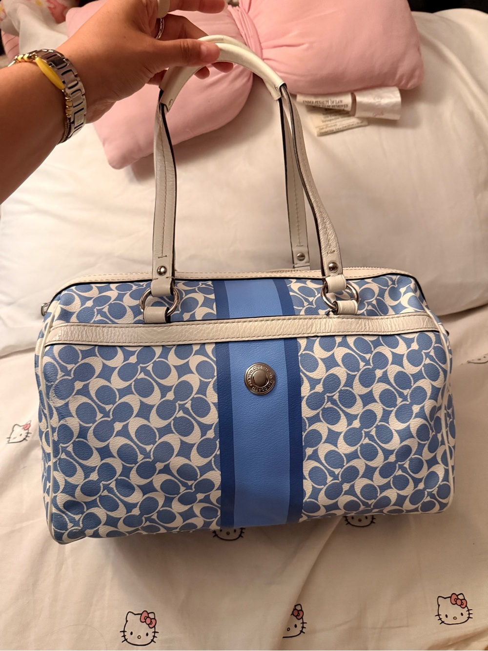 Coach Blue and White Signature Stripe Satchel